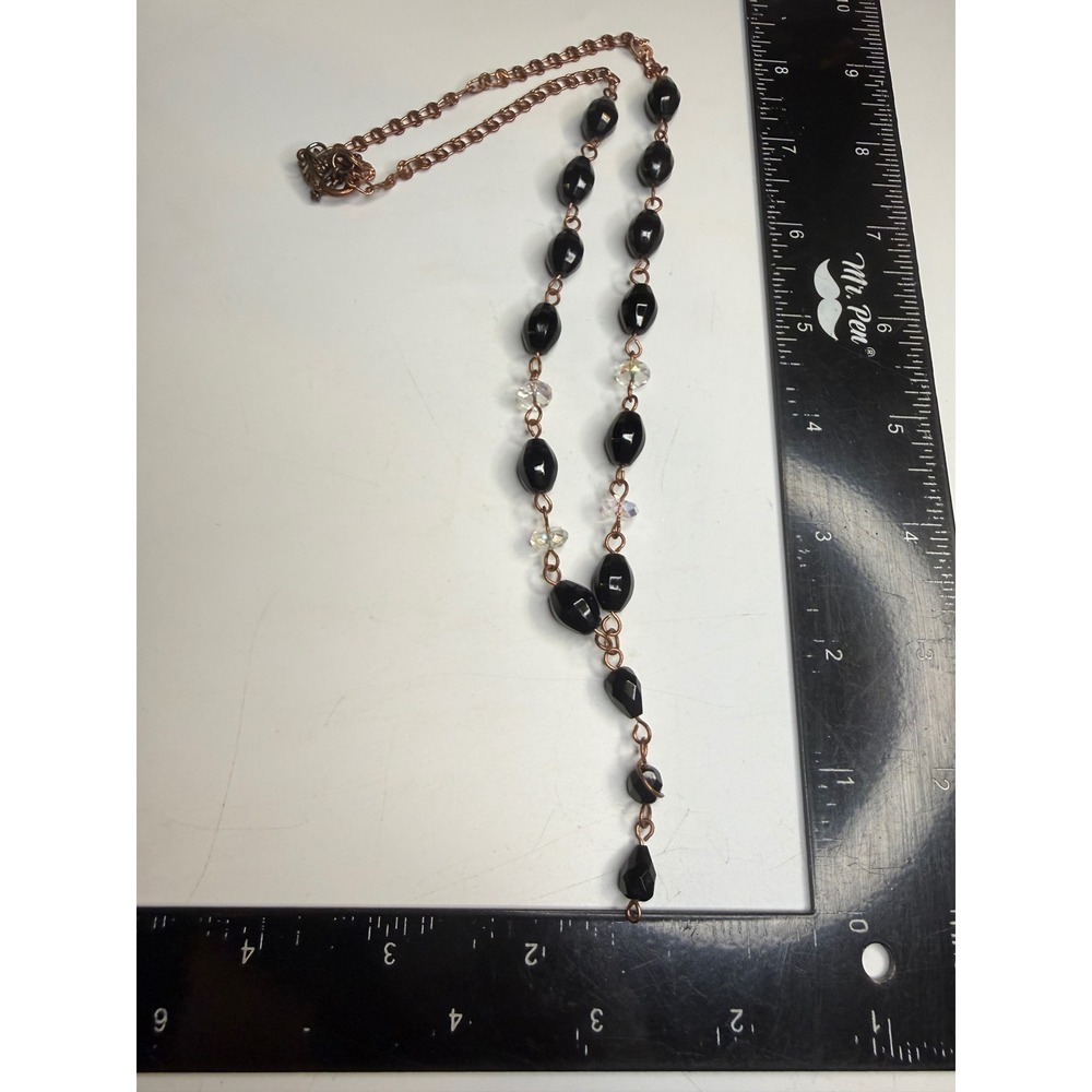 Black Beaded Y-Drop Necklace Copper Tone Ornate Floral Toggle Clasp 19.5 Inch